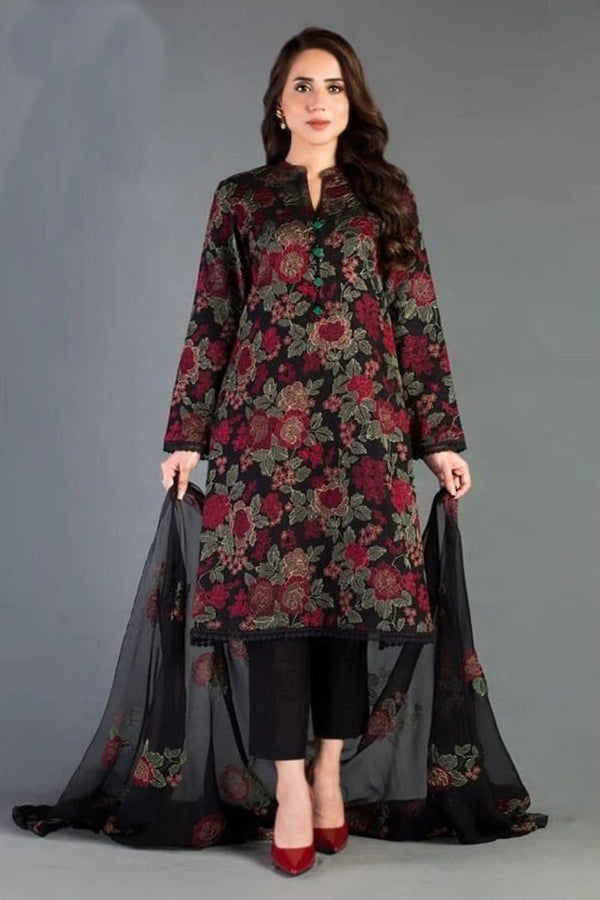 Embroided Bareeze Lawn dress with embroidered chiffon dupatta 3 Piece WC017