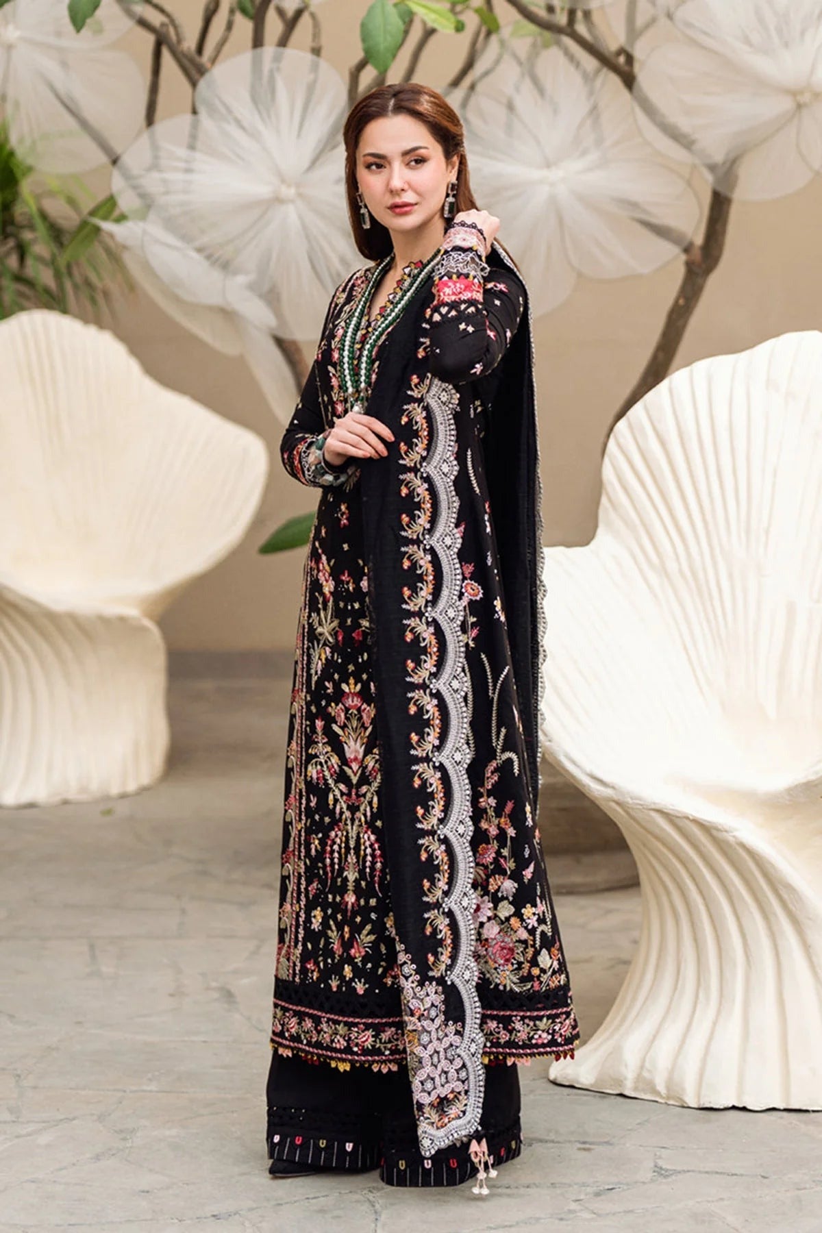 WC1033-Qalamkar 3 Piece Lawn Embroidered Shirt with Embroidered Slub Net Dupatta