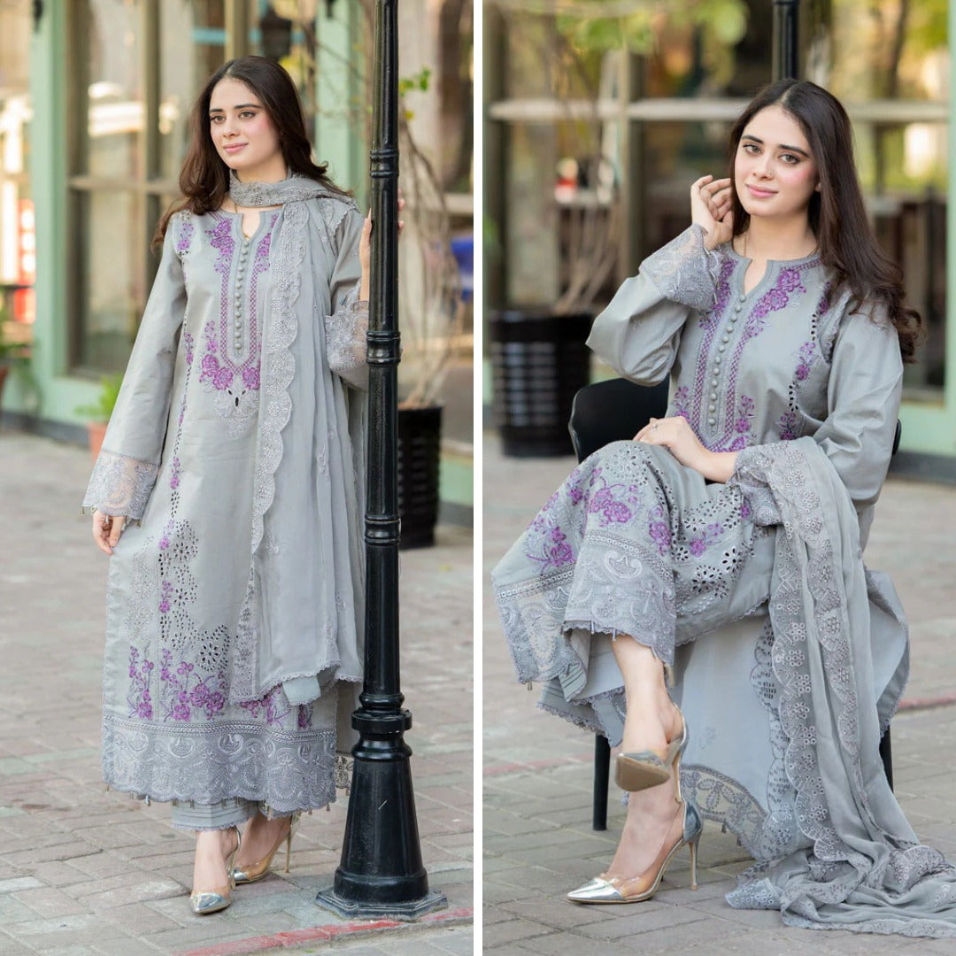 Mushq Winter 3 Piece Dhanak ChickenKari Embroidered Dress with Chiffon Emb Duppata WC1126