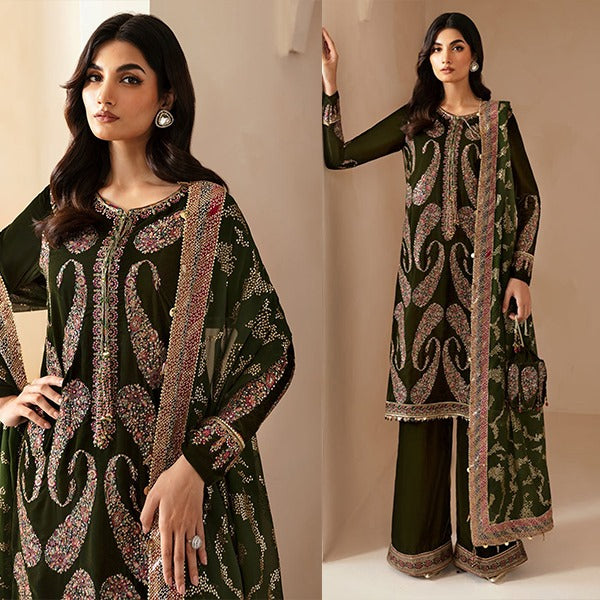 WC1101-Velvet Embroidered 3 Piece Dress With Organza embroidered Dupata