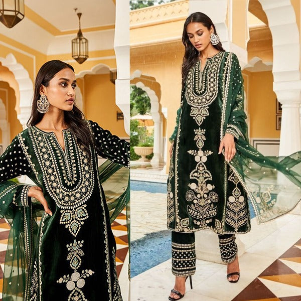WC1105-Velvet Embroidered Dress With Organza embroidered Dupata