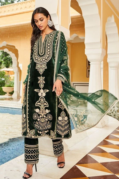 WC1105-Velvet Embroidered Dress With Organza embroidered Dupata
