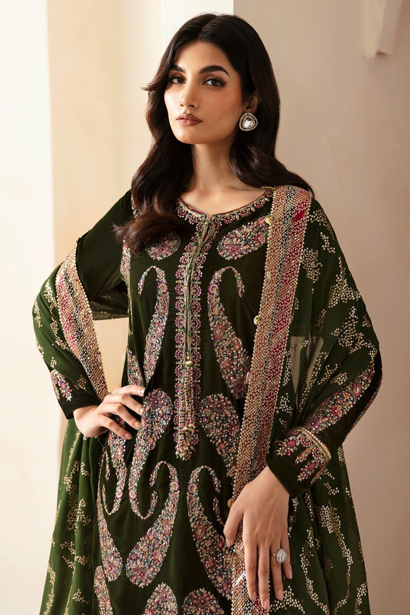 WC1106-Velvet Embroidered Dress With Organza embroidered Dupata