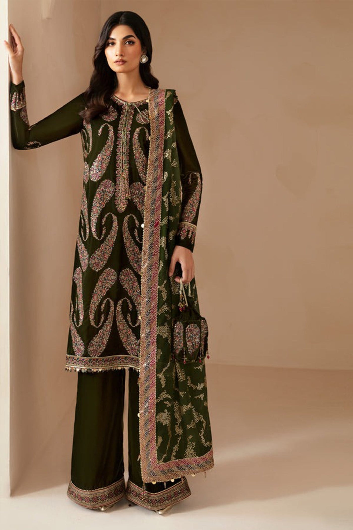 WC1106-Velvet Embroidered Dress With Organza embroidered Dupata