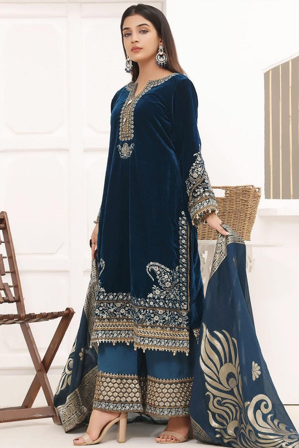 WC1112-Velvet Embroidered with Printed organza duppatta