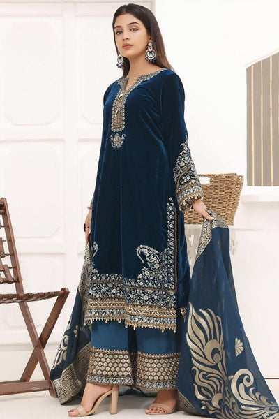 WC1112-Velvet Embroidered with Printed organza duppatta