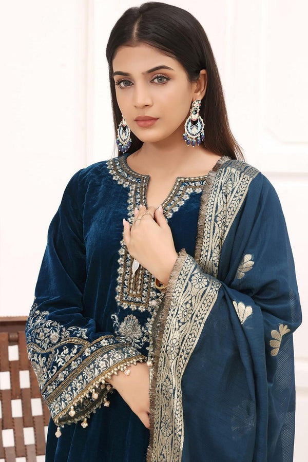 WC1112-Velvet Embroidered with Printed organza duppatta