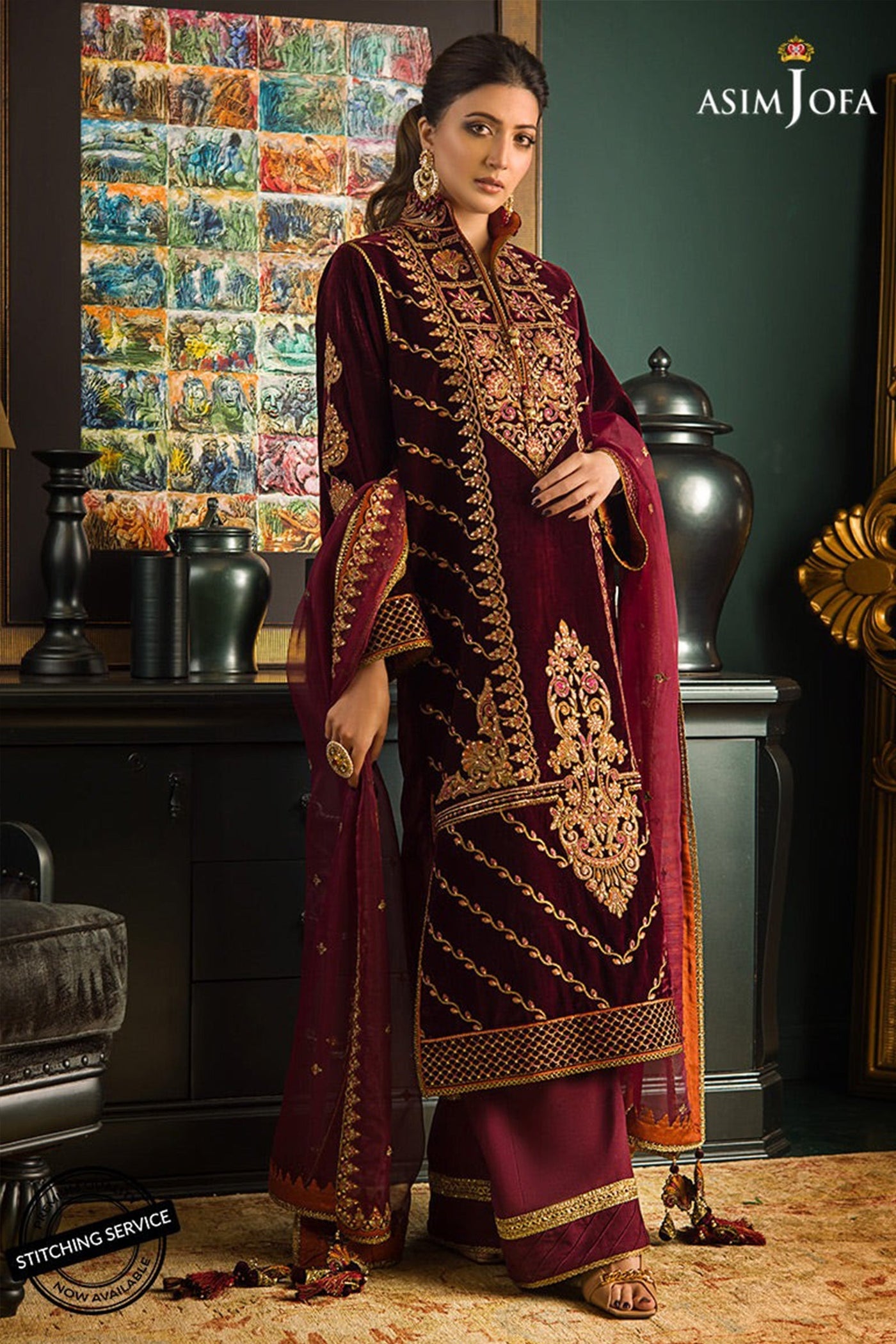 WC1113-Velvet Embroidered Dress With Organza embroidered Dupata