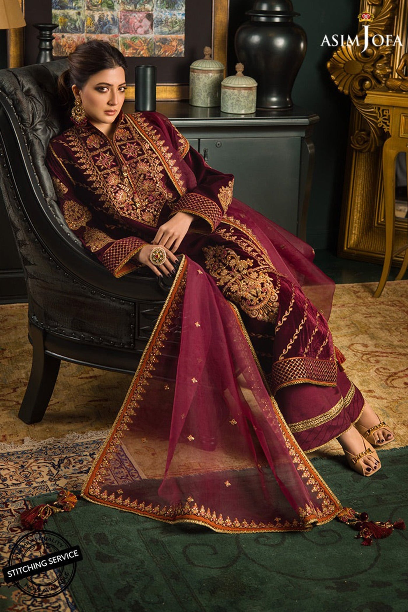 WC1113-Velvet Embroidered Dress With Organza embroidered Dupata