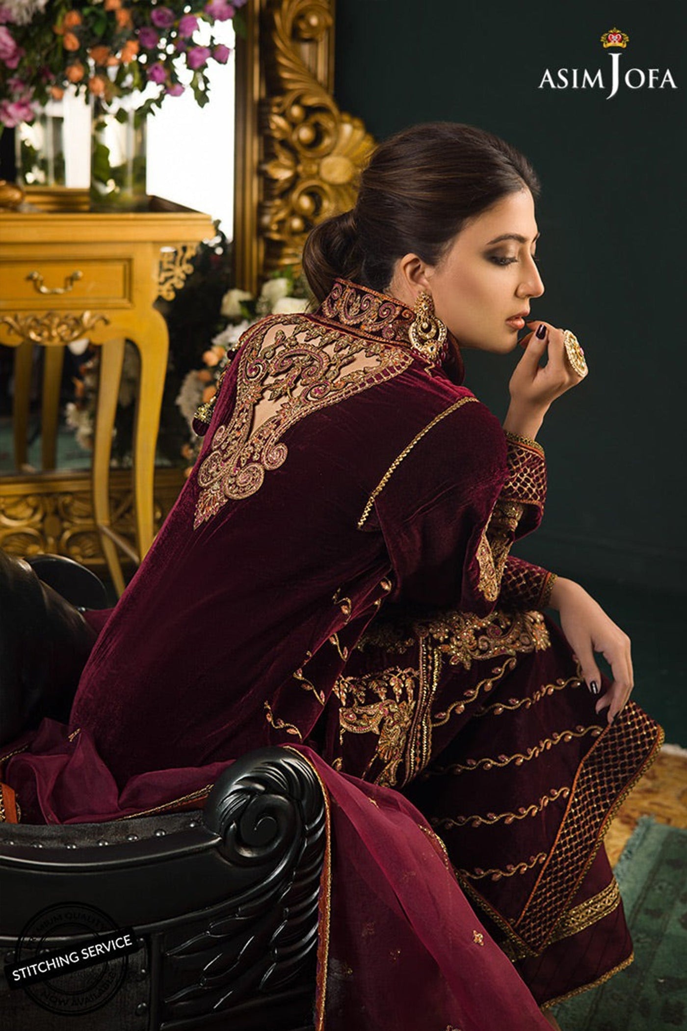 WC1113-Velvet Embroidered Dress With Organza embroidered Dupata