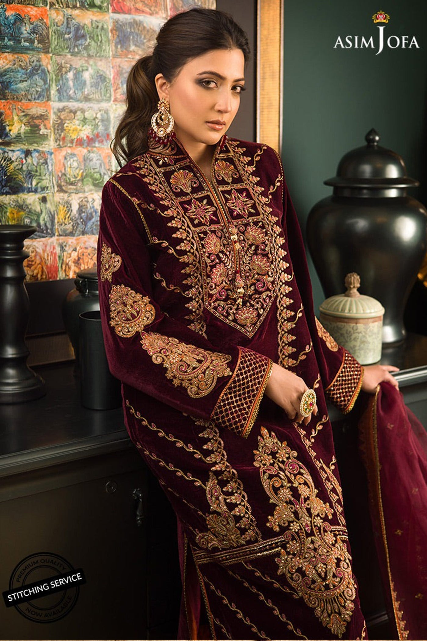 WC1113-Velvet Embroidered Dress With Organza embroidered Dupata