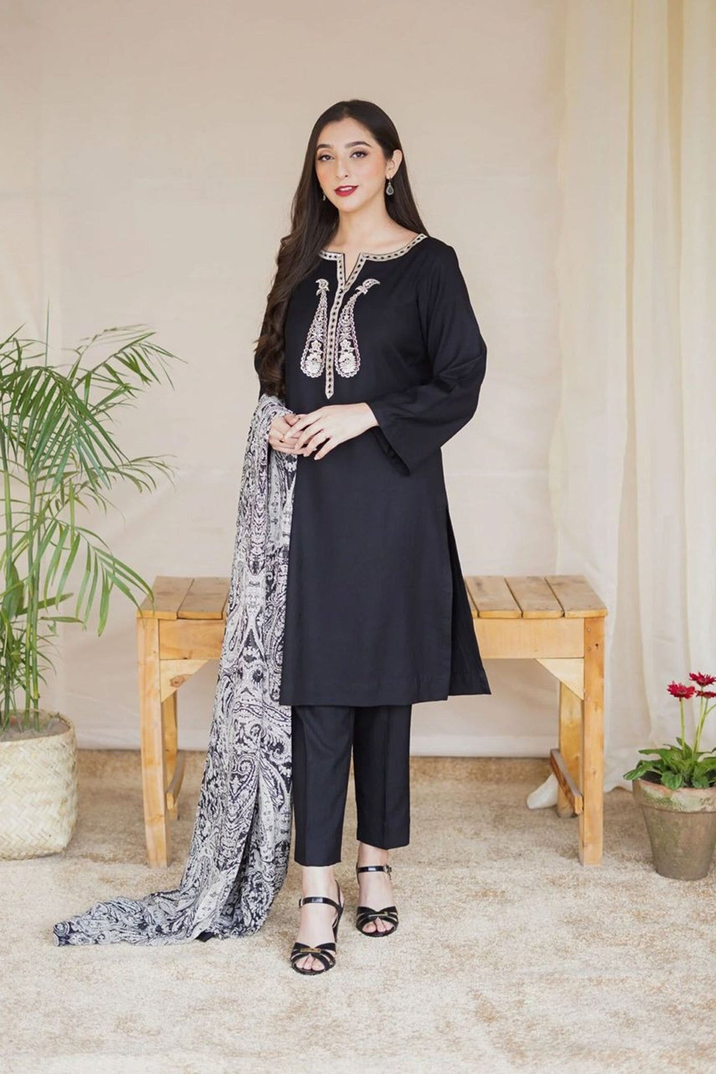 Asling Winter 3 Piece Dhanak Embroidered Suit with Printed Shawll WC1204