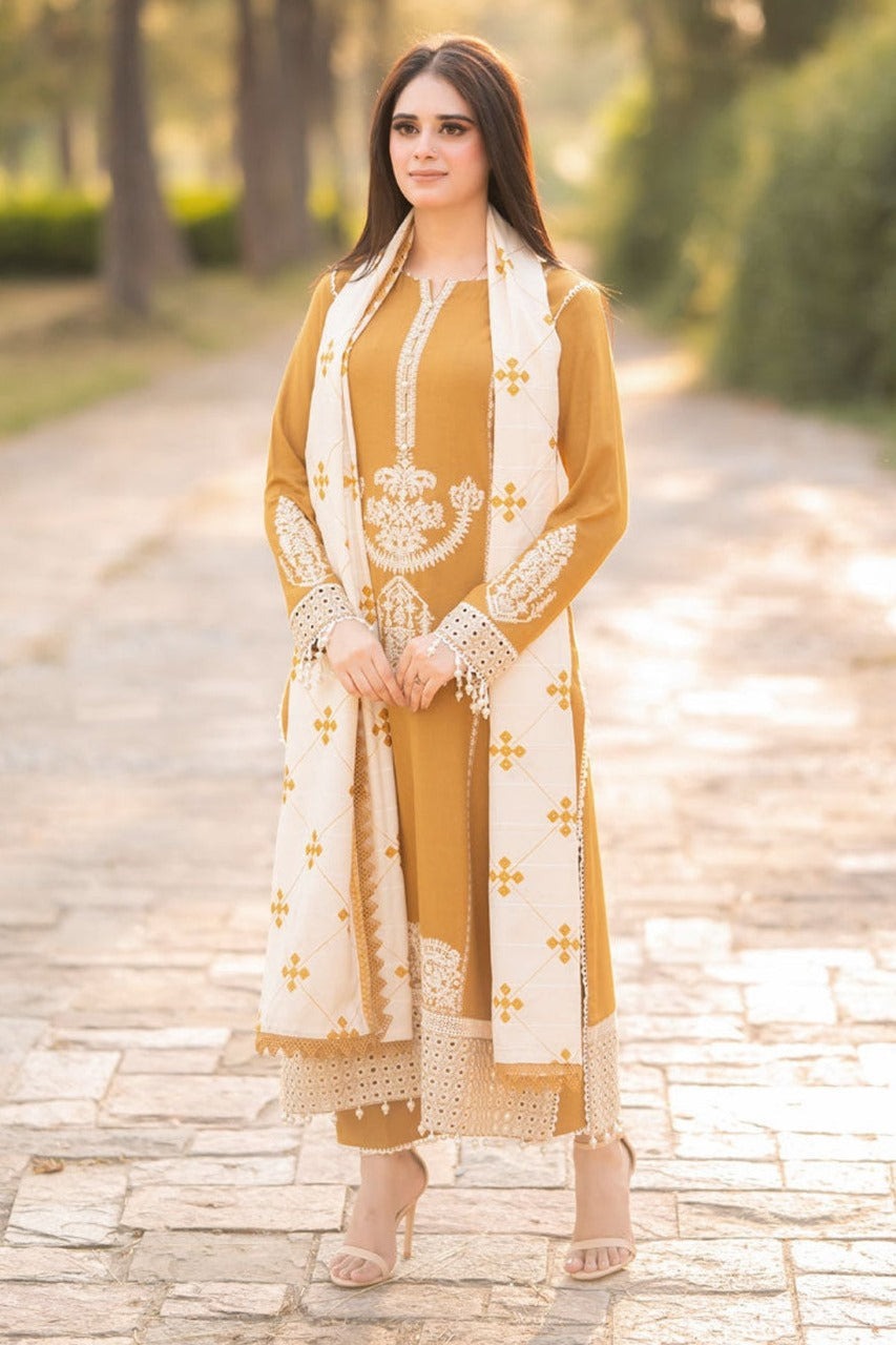 Libaas Winter 3 Piece Embroidered Dhanak dress with Heavy Embroidered Dhanak Shawll WC1212