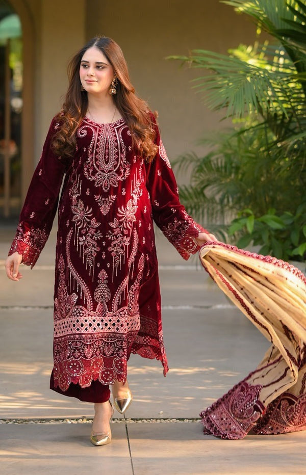 Velvet Embroidered Dress With Organza embroidered Dopata and Silk Trouser WC1240