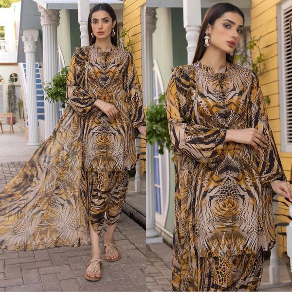 Unstitched Digital Printed Lawn Dress With Printed Lawn Trouser and Chiffon Dupatta 3 Piece WC285