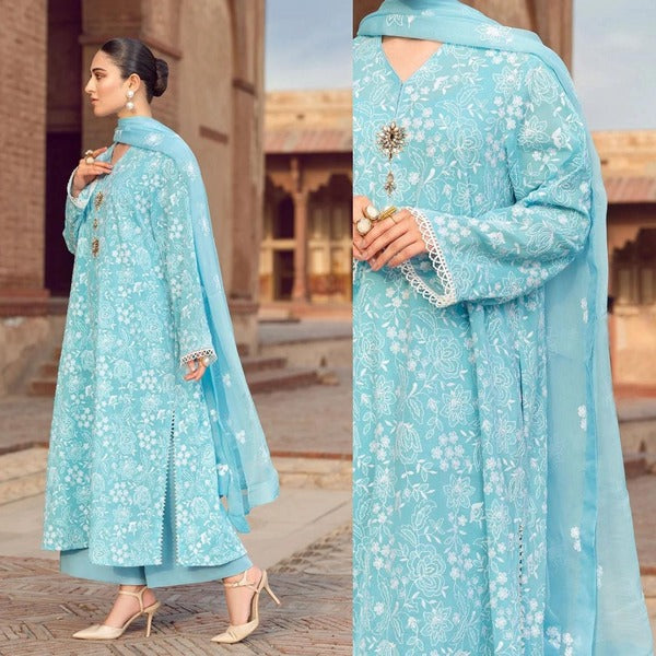 Bareeze Embroidered lawn dress with embroidered chiffon dupatta 3 Piece WC209