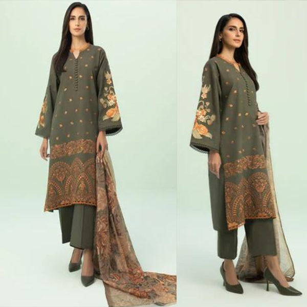 Unstitched Winter Embroidered Dhanak Dress With Dhanak Printed Shawl 3PC