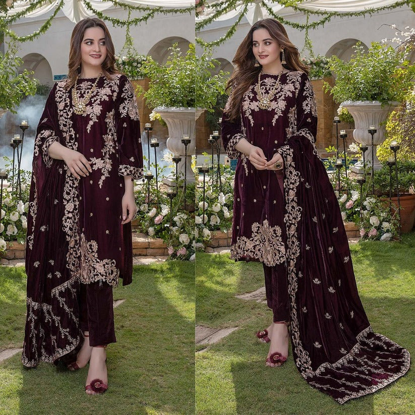 WC401-Winter Embroidered Velvet 3 Piece With Velvet Shawl