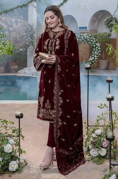 WC401-Winter Embroidered Velvet 3 Piece With Velvet Shawl