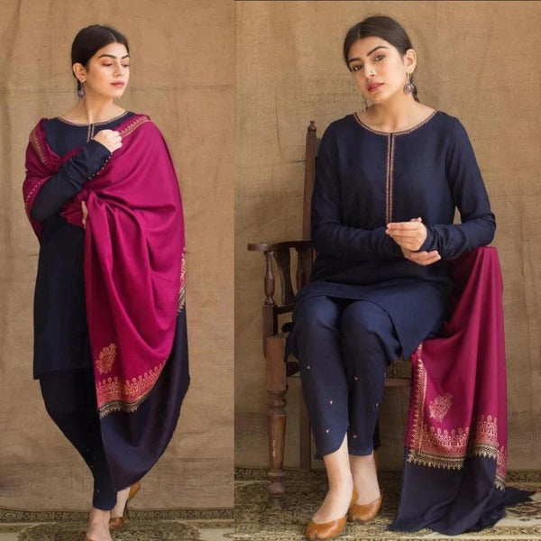 Unstitched Winter Dhanak Dress with printed Shawll 3PC