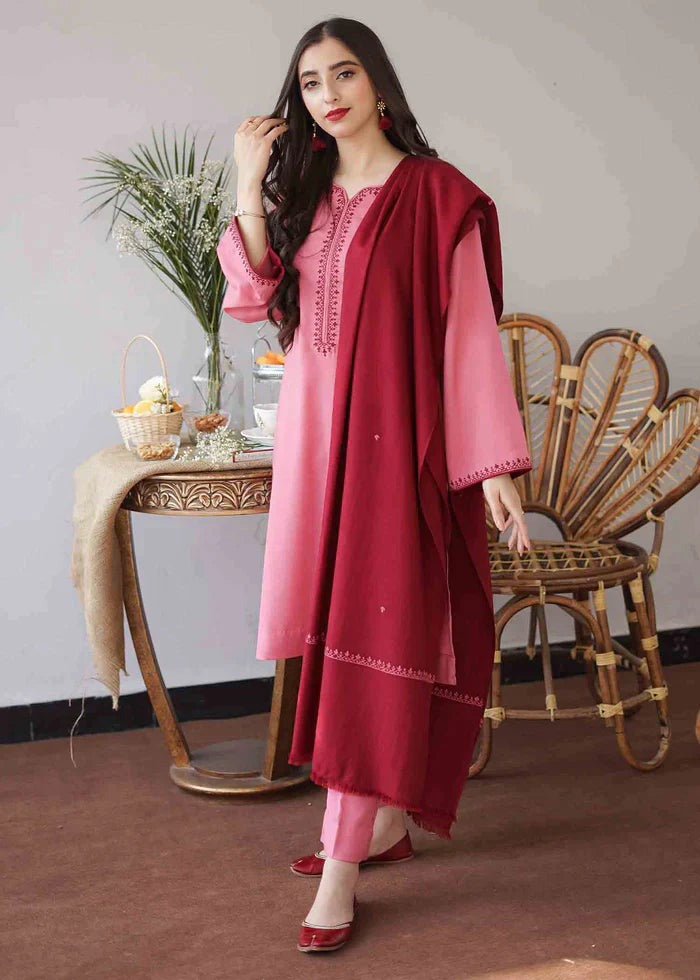Winter 3 Piece Dhanak suit with Embroidered Shawll WC406