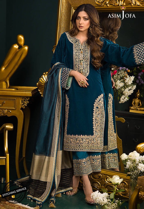 Unstitched Winter Embroidered Velvet Dress with Silk Trouser 3PC