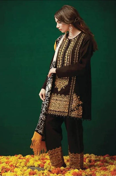 Unstitched Winter Khaddar Embroidered Dress with Printed Wool Shawll 3PC