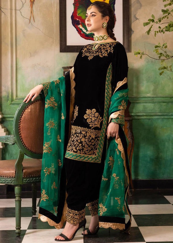 Velvet Unstitched Winter Embroidered Dress With Organza embroidered Dopata 3PC