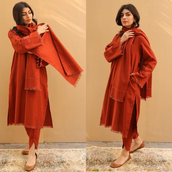 Unstitched Winter Embroidered Dhanak Dress with Dhanak Embroidered Shawll 3PC