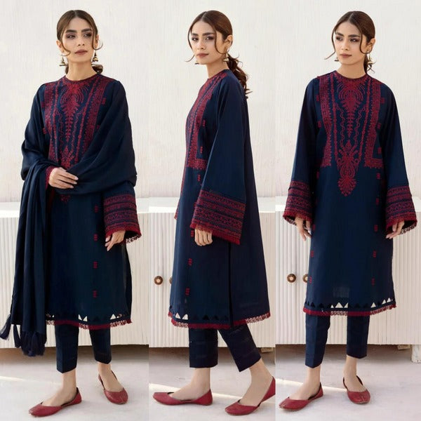 Unstitched Winter Embroidered Dhanak Suit With Bumble Wool Shawll 3PC