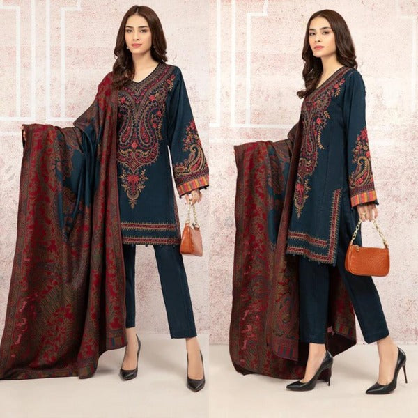 Unstitched Winter Embroidered Khaddar Dress with Printed Wool Shawll 3PC