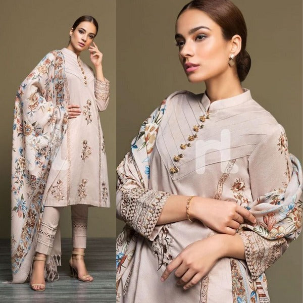 Winter Embroidered Dhanak Suit with Printed Shawll 3 Piece WC589