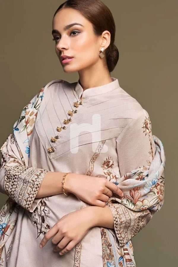 Winter Embroidered Dhanak Suit with Printed Shawll 3 Piece WC589