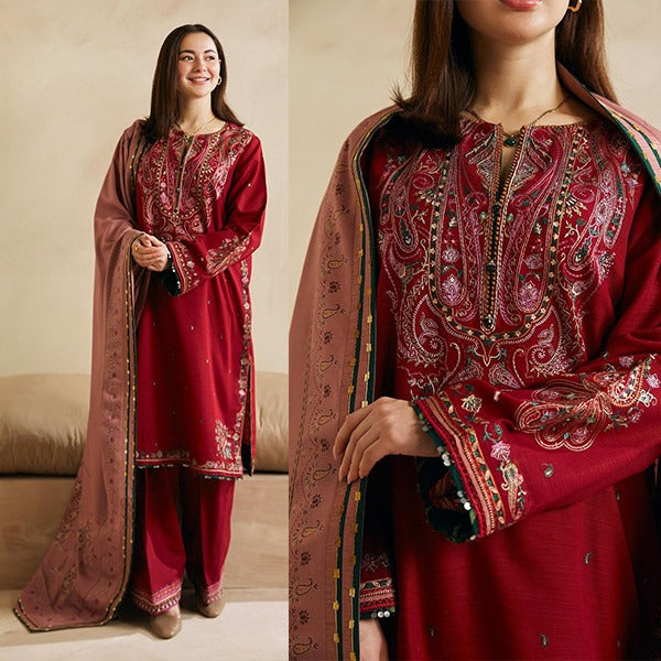 Zara Shahjahan Winter 3 Piece Embroidered Dhanak Suit with Heavy Embroidered Dhanak Shawll WC602