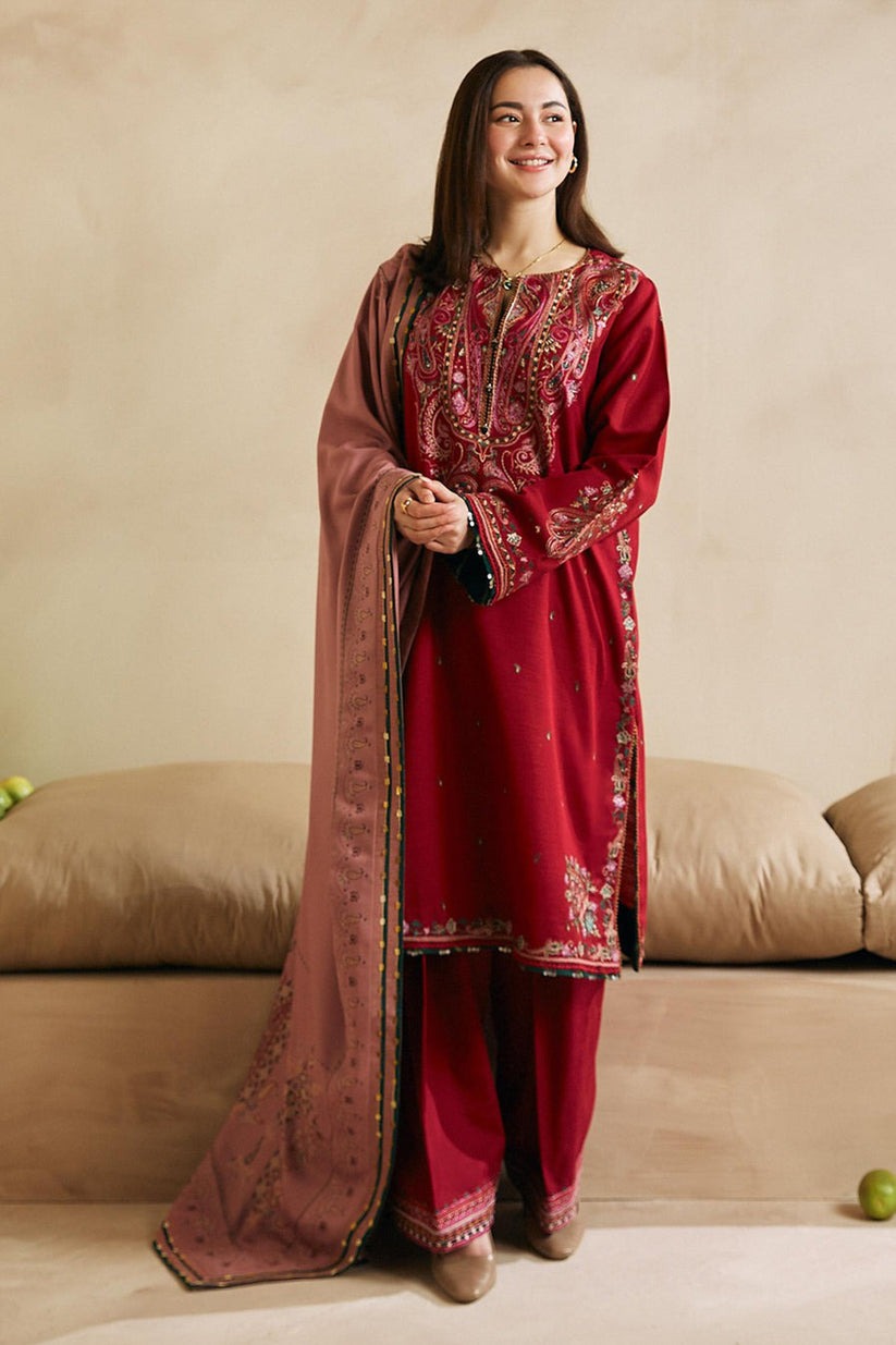 Zara Shahjahan Winter 3 Piece Embroidered Dhanak Suit with Heavy Embroidered Dhanak Shawll WC602