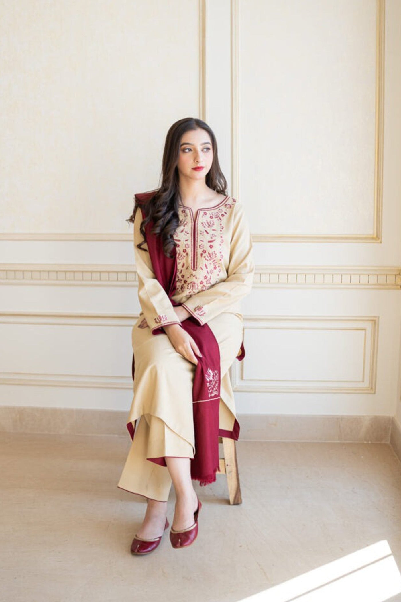 Winter 3 Piece Dhanak dress with Embroidered Shawll WC614