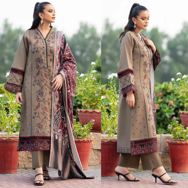 WC617-WINTER 3PC Dhannak Embroidered suit with Printed Shawll