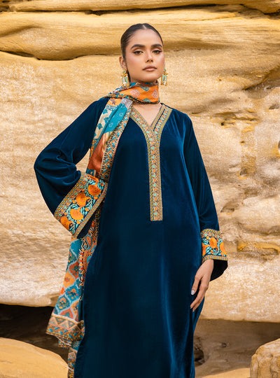 Unstitched Velvet Dress With Printed Shawll 3PC