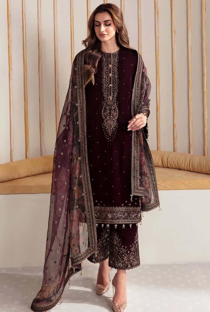 Unstitched 3 Piece Velvet Embroidered Dress With Embroidered Organza Dupatta WC902