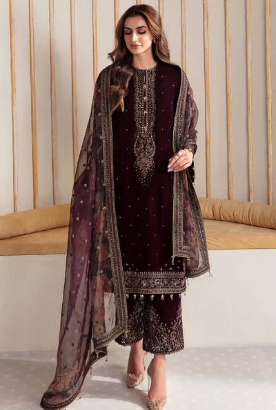 Unstitched 3 Piece Velvet Embroidered Dress With Embroidered Organza Dupatta WC902