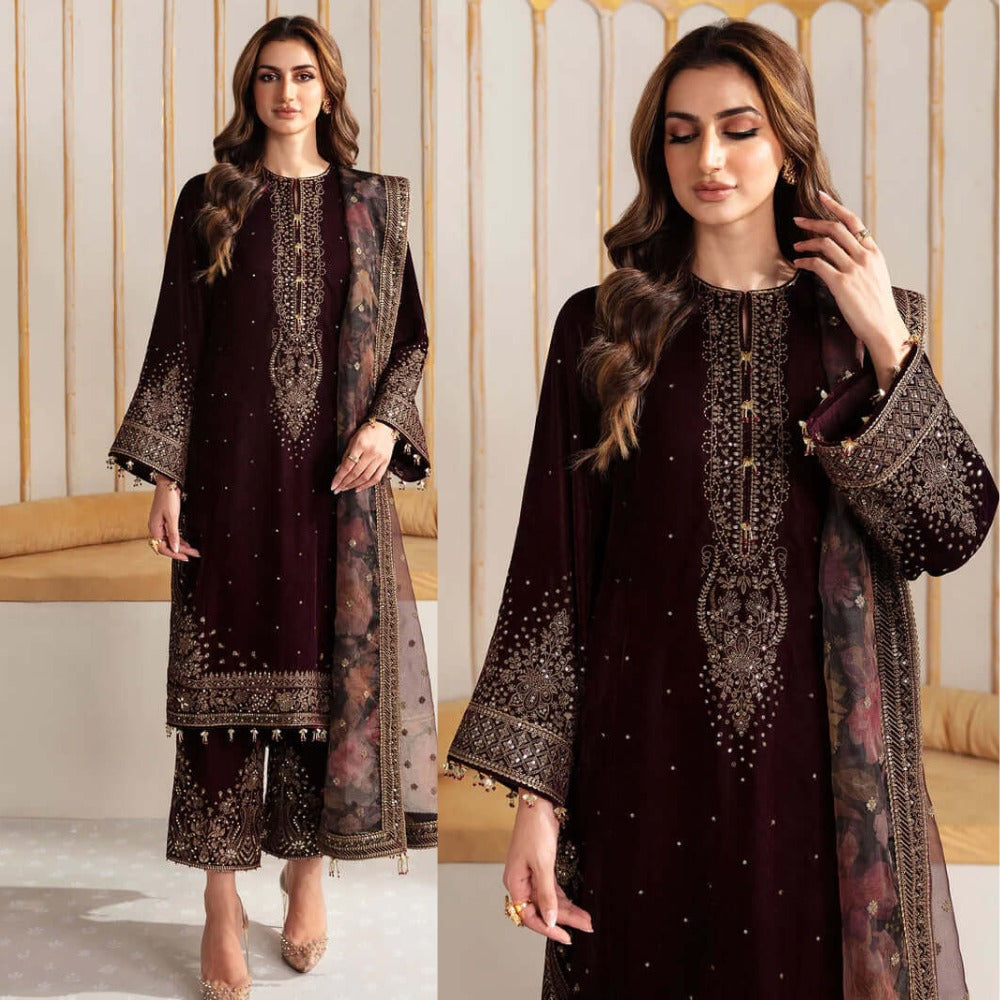 Unstitched 3 Piece Velvet Embroidered Dress With Embroidered Organza Dupatta WC902