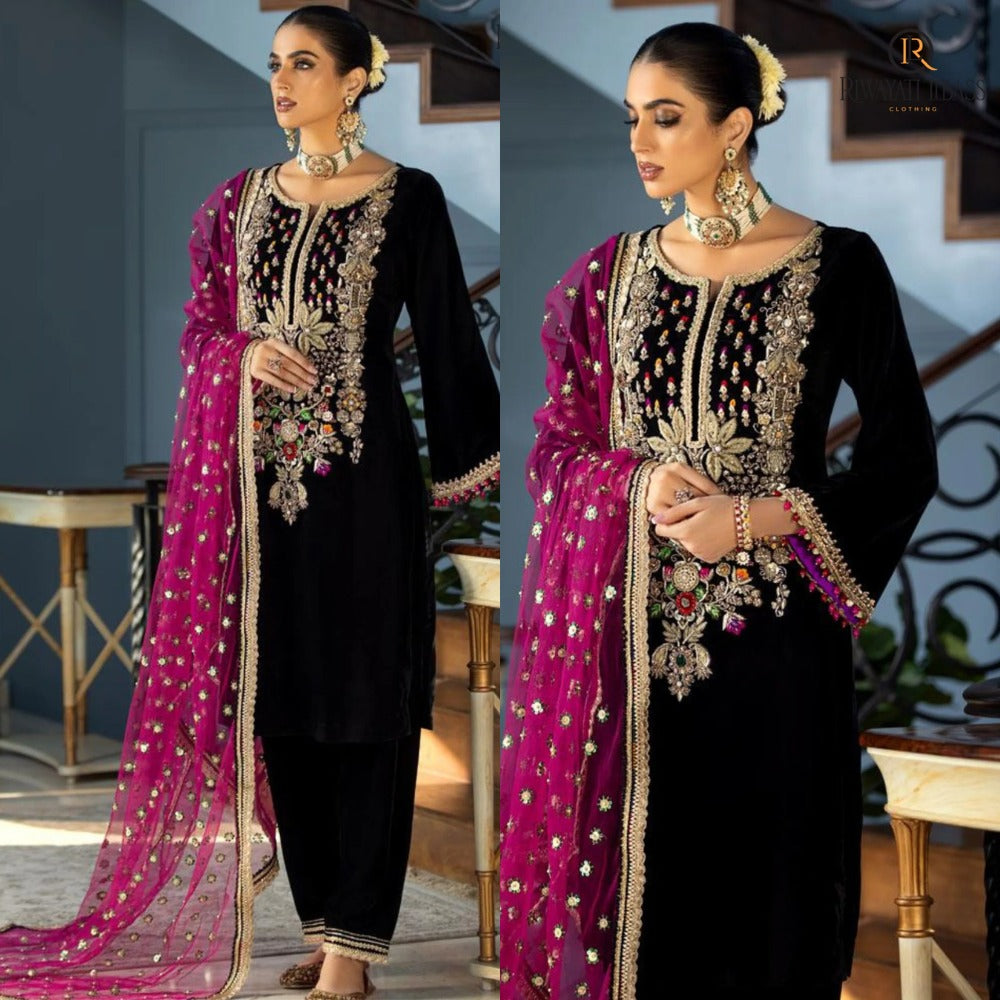 Unstitched 3 Piece Velvet Dress With Embroidered Organza Dupatta WC903