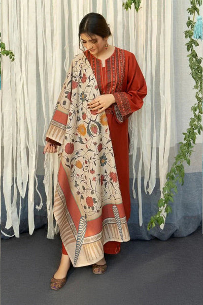 Sana Safinaz Winter 3 Piece Dhannak Embroidered dress with Printed Shawll WC914