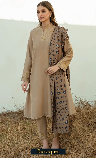 Winter 3 Piece Dhannak Embroidered suit with Printed Shawll WC958