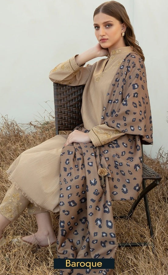 Winter 3 Piece Dhannak Embroidered suit with Printed Shawll WC958