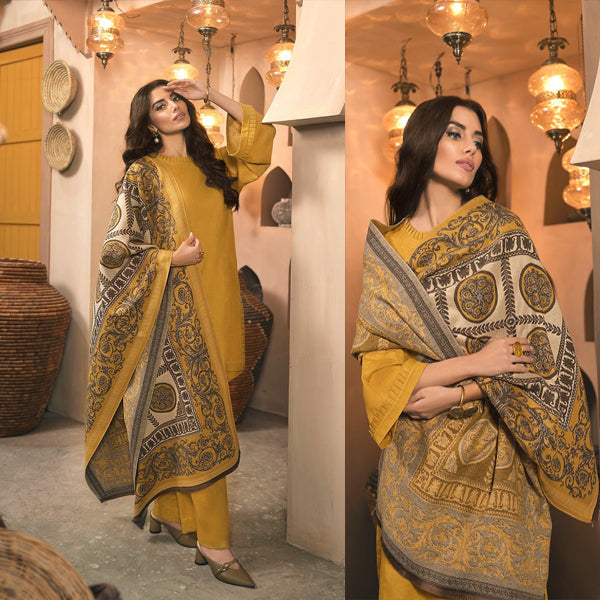 Nishat Winter Mustard Dhanak Plain 3 Piece With Printed Karandi Shawll WC810
