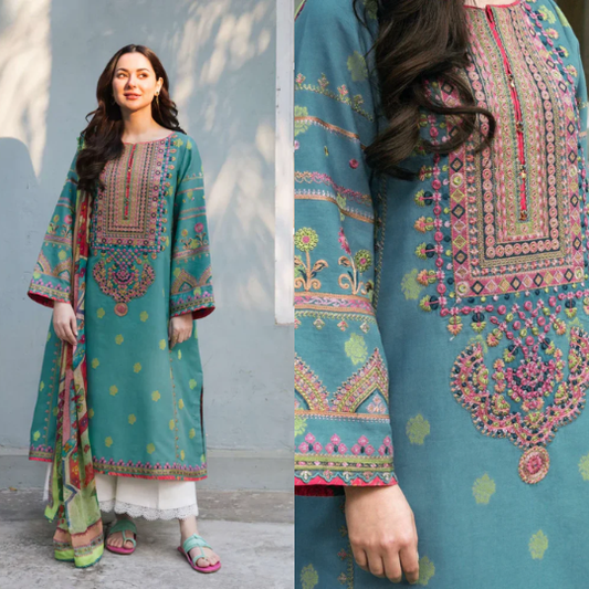 Sapphire 3 Piece Dhanak Embroidered Suit Dhanak Shawll WC161