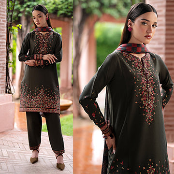 Unstitched Winter Embroidered Dhanak Suit with Printed Shawll 3PC