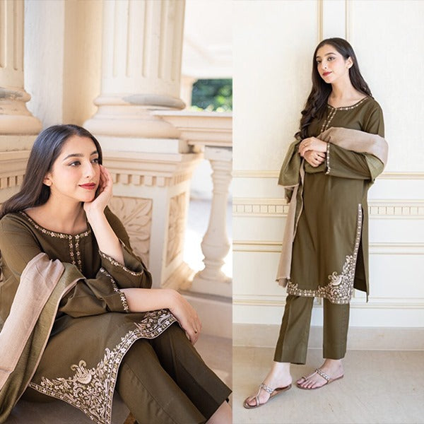 Winter 3 Piece Dhanak Dress with Embroidered Shawll WC612