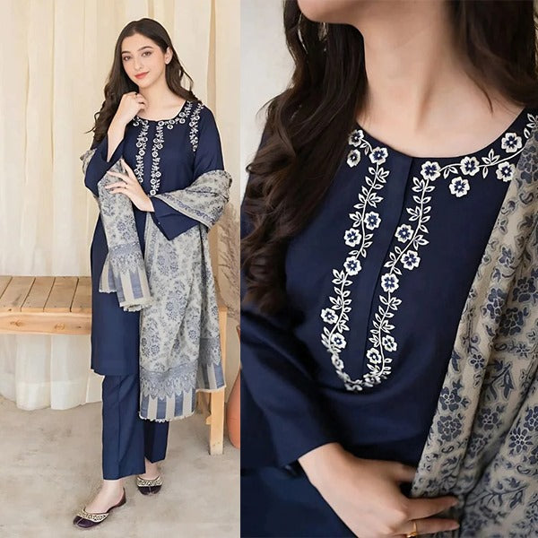 Unstitched Winter 3 Piece Dhannak Embroidered suit with Printed Shawll WC627
